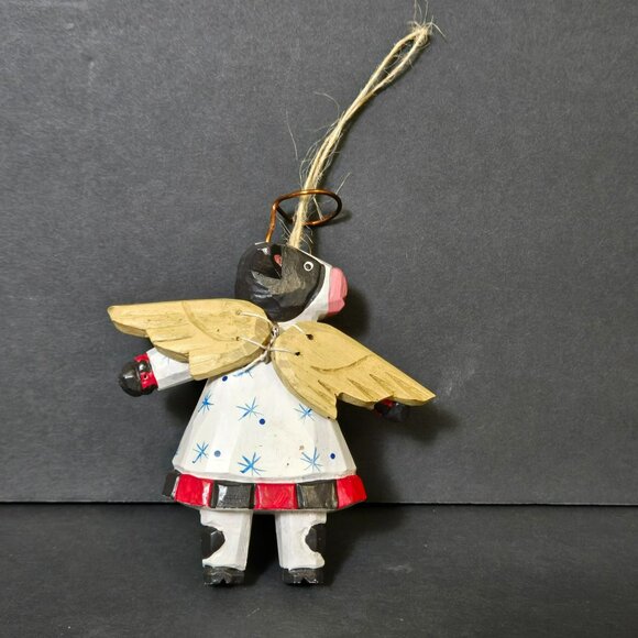 Vintage Wooden Wood Folk Art Primitive Cow Angel Christmas Ornament Black White - Picture 3 of 10